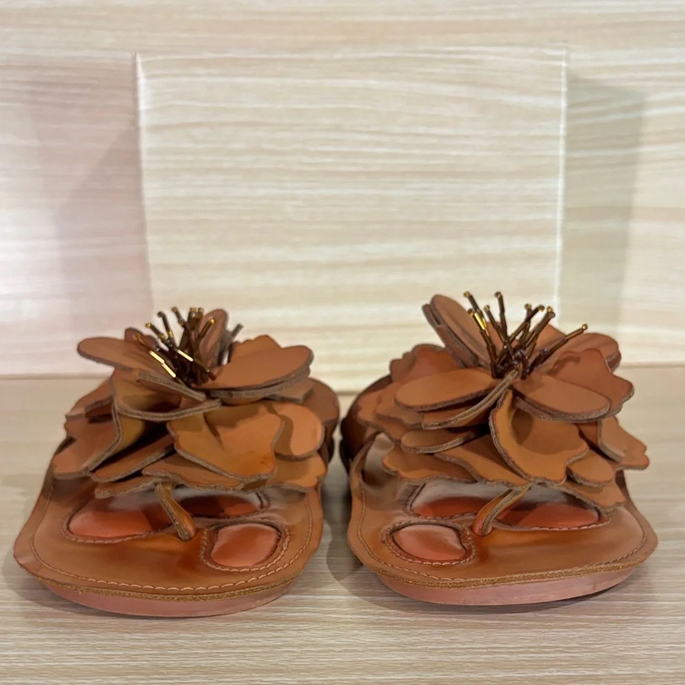FARM Rio Floral Sandals Brown Leather Slide Statement Summer Chic - Picture 9 of 14